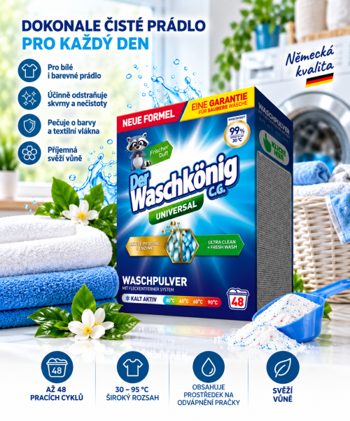 Waschkönig Universal XL prací prášek na bílé i barevné prádlo – 2,88 kg, až 48 pracích cyklů